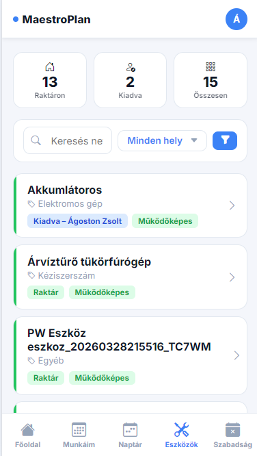 MaestroPlan eszközleltár mobilon – raktári és kiadott eszközök kezelése