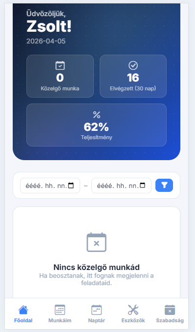 MaestroPlan mobil főoldal – napi áttekintés és teljesítmény mutatók