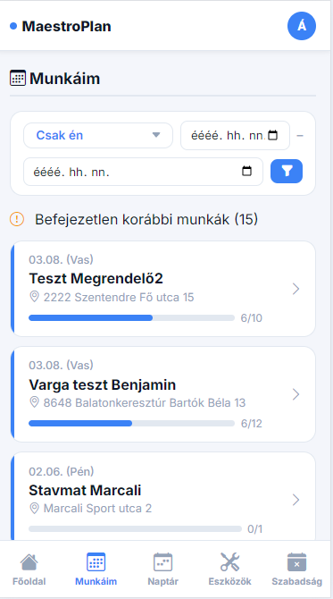 MaestroPlan alkalmazotti portál mobilon – munkák, címek és készültségi szintek