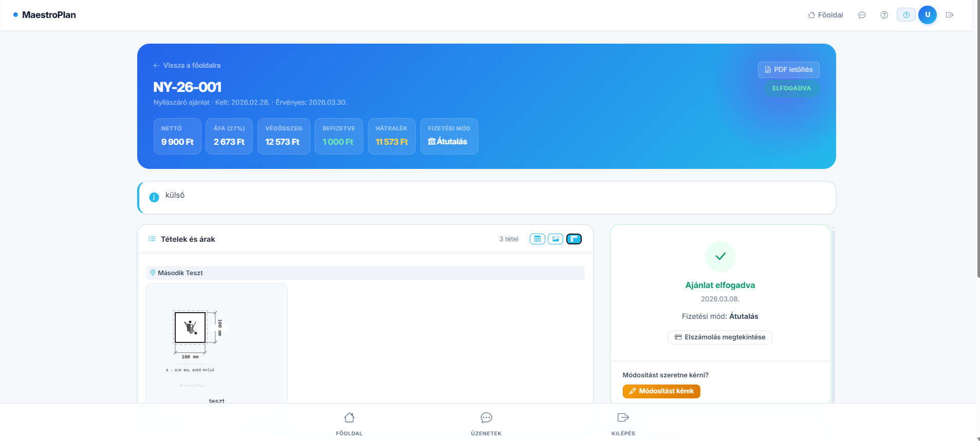 MaestroPlan ügyfélportál – műszaki rajz nézet