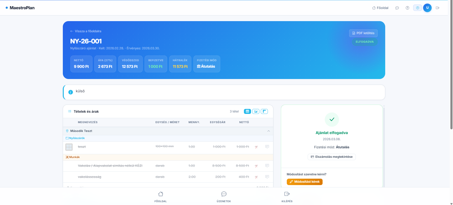 MaestroPlan ügyfélportál – tételes táblás nézet