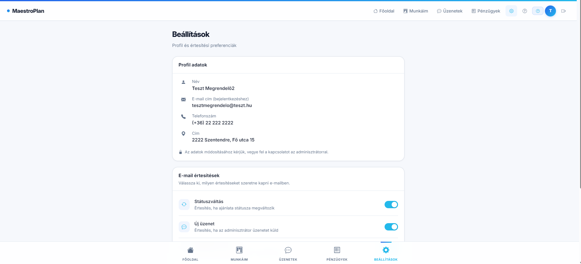 MaestroPlan ügyfélportál – profil és értesítési beállítások