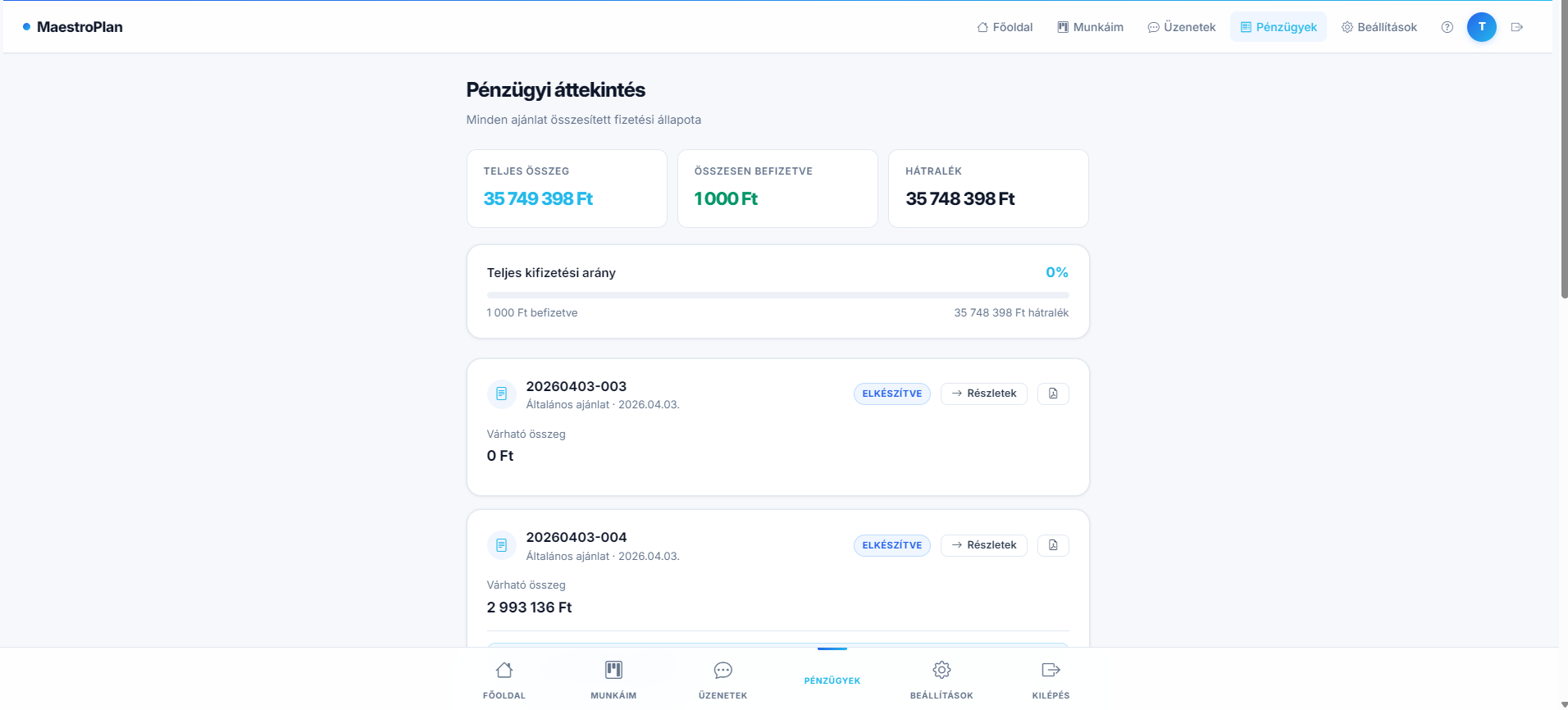 MaestroPlan ügyfélportál – pénzügyi áttekintés