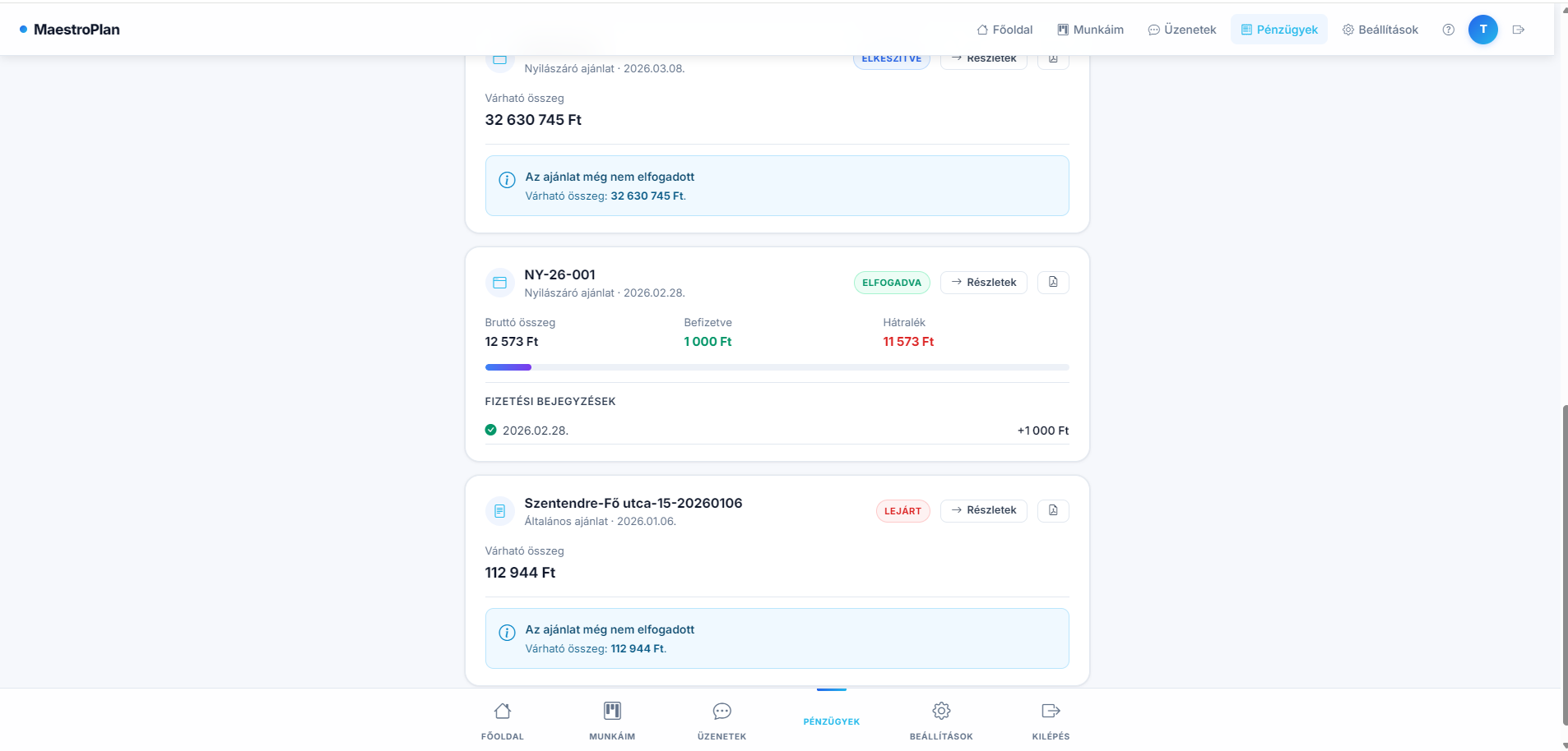 MaestroPlan ügyfélportál – pénzügyi tétellista