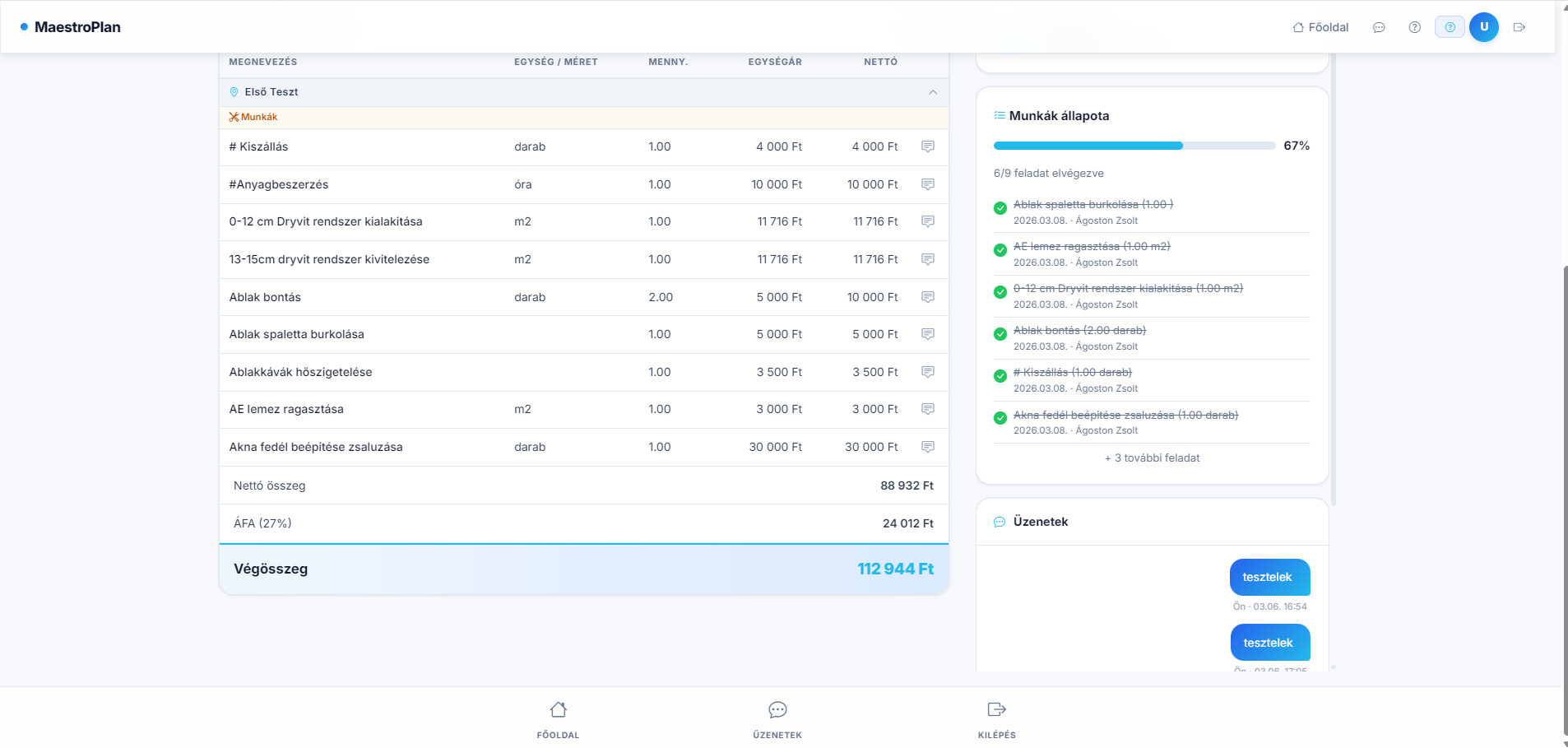 MaestroPlan ügyfélportál – projekt költségek és feladatállapotok